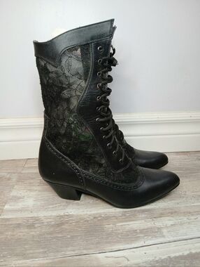 Whimsigoth Victorian Sheer Lace & Faux Leather Ankle Boots - Size 6